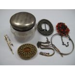 A Hallmarked Silver Lidded Trinket Pot, engine turned; together with a large oval waist buckle,