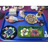 Two Moorcroft Pin Trays, Lid, Royal Crown Derby 'China Shop' and bird paperweight, pin tray in