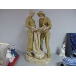 A XIX Century Royal Dux Figure Group, a man and woman putting potato's in a sack, red triangle under