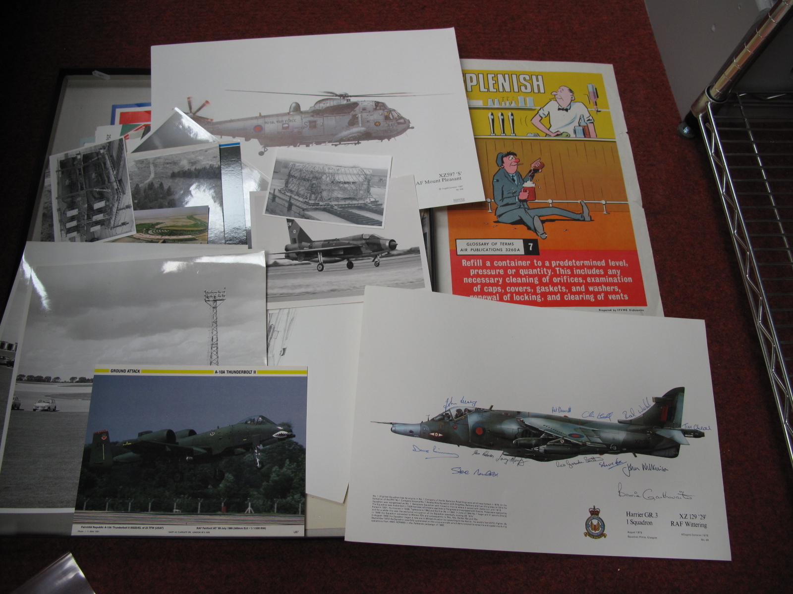 Photographs of RAF Wittering, planes, etc; press examples noted, 1979 Harrier print signed by staff,