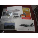 Photographs of RAF Wittering, planes, etc; press examples noted, 1979 Harrier print signed by staff,
