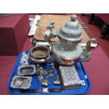 Thai Brass Figures, large copper Thai teapot, pair of plated inlaid trinket box etc:- One Tray