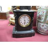 A Black Slate Mantel Clock, of architectural form, marble highlights on plinth base, white enamel