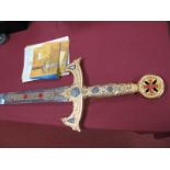 Spanish Made Ceremonial Templars Sword with Silvered Inset, motifs to gilt hilt and handle, 118cm