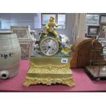 French Gilt Mantle Clock, Circa 1900, featuring sailor upon rocks, Roman numerals to silvered
