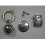 A Hallmarked Silver Bell Rattle, with Mother of Pearl teething ring, together with a miniature