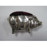 Silver Pig Pin Cushion, 7.5cm in length, hallmarks partially rubbed, probably Birmingham 1906.