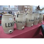 Five Glazed Stoneware One Gallon Barrels, with associated lids (lacking taps), labelled Lemon (2),