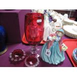 A Royal Doulton China Figurine 'Lady Charmain' HN 1948, cranberry glass pedestal vase, and two
