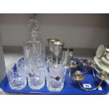 An Edinburgh Crystal Decanter and Six Whisky Glasses, Berg Denmark candle stand, goblets,