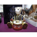 Royal Crown Derby Paperweight 'Drummer Bear', with gold coloured stopper, limited edition of