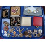 Assorted Costume Brooches, including Trifari circlet, Miracle, etc; bead necklace, clip earrings,