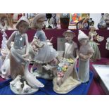 Three Lladro Models Including 'Girl Running With Dog', 'Girl Feeding Geese' and 'Young Girl