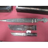 WWII U.S 225 Q Commando Fighting Knife, stamped Cattaraugus to blade, in scabbard. An Indian style