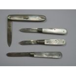 Four Small Hallmarked Silver and Mother of Pearl Folding Fruit Knives, one with engraved scales,
