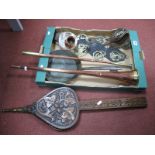 A Six Piece Brass Martingale, VIctorian copper frying pan, foliate carved oak bellows, copper