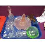 1930's Pressed Pink Glass Table Centre Posy, amber glass posy as yacht, snail paperweight, etc:- One