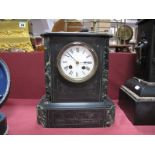 A XIX Century Black Slate and Marble Mantel Clock, of rectangular section, on plinth base, white