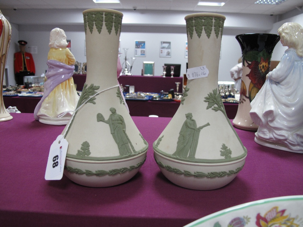 A Pair of Reverse Jasperware Spill Vases, green on white with classical figures and foliate