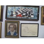 S. Henningsson 'Checkmate', oil on canvas signed and dated 1974, 37 x 99cm; pastel drawing of male