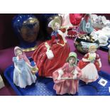 Four Royal Doulton Figurines - Autumn Breezes HN1934, Wendy HN2109, Bo-Peep HN1811, and Valerie