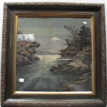 An Early XX Century Painting on Fabric, Moonlit Mountain, with vessels on lake and house in
