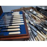 A Wooden Cased Set of Fish Knives and Forks, mother of pearl handled knives and forks, quantity of