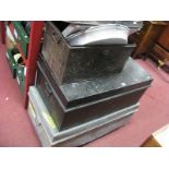 Three Metal Storage Chests, early XX Century fender and two wedding cake stands. (6)