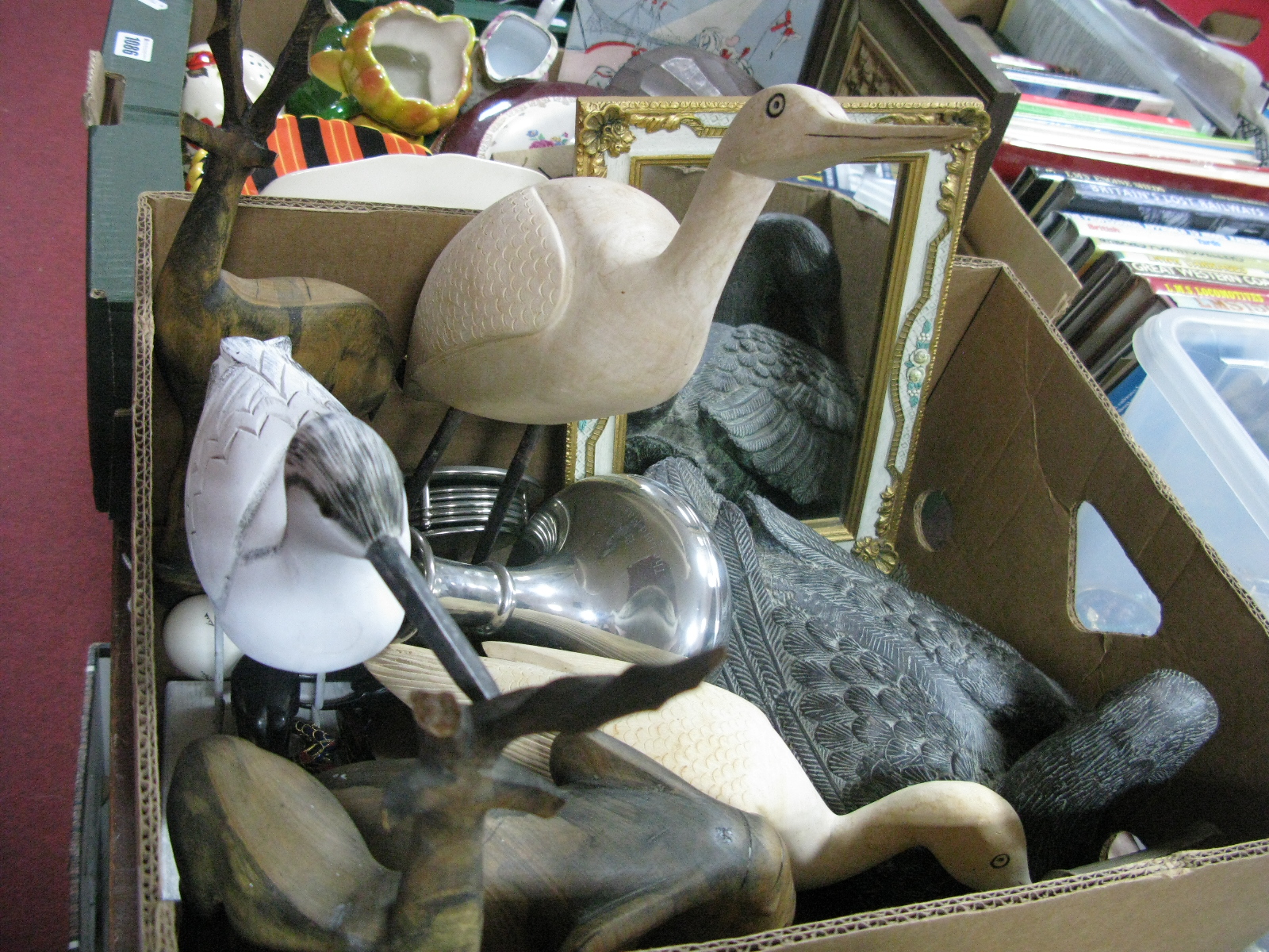 Carved Model Wooden Birds, elephants etc, mirror, 'Lord Mayor of Sheffield', pewter decanter etc:-