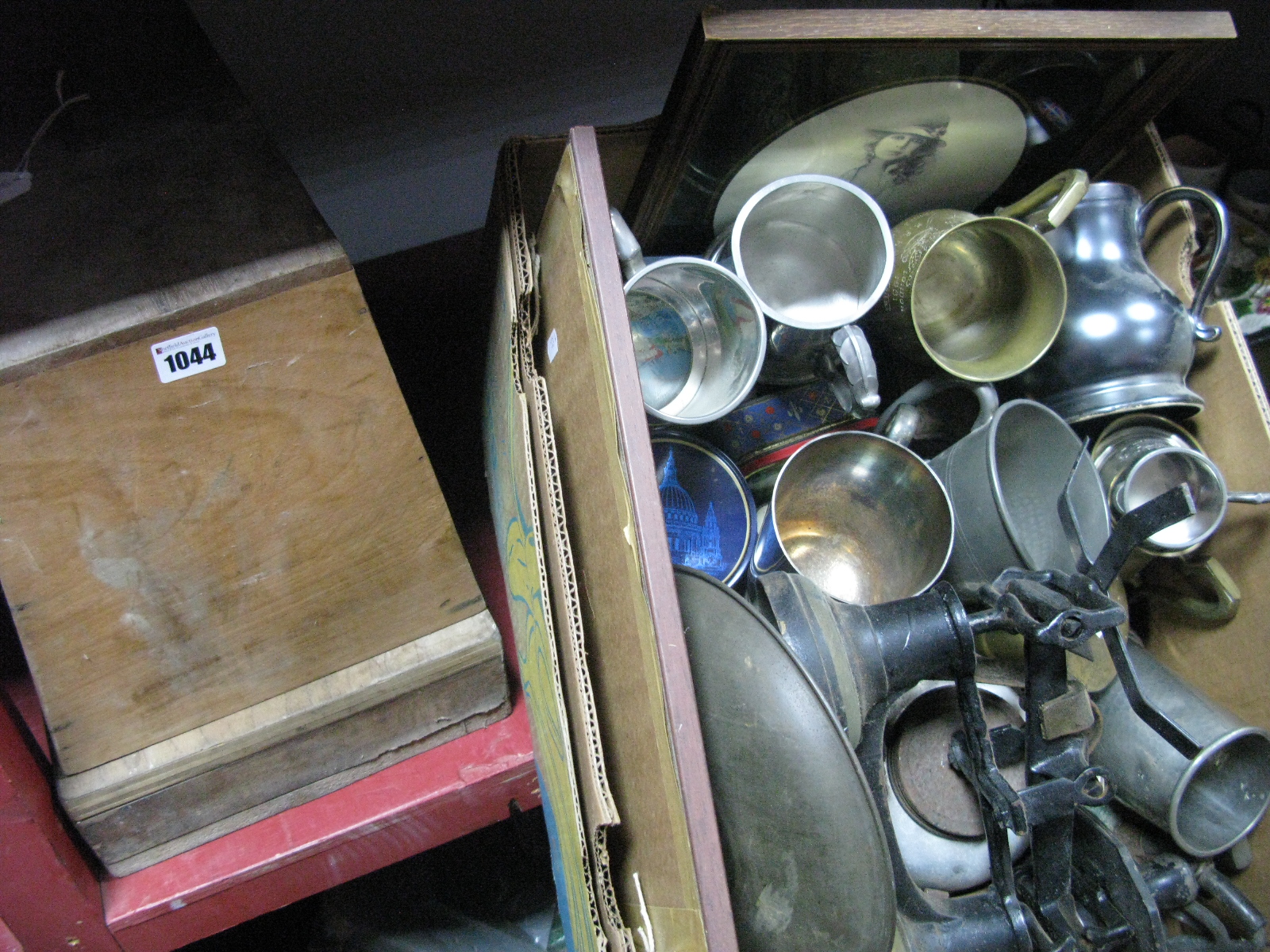 Tins, scales and weights, tankards, flat irons, prints, etc:- One Box plus Singer sewing machine.