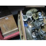 Tins, scales and weights, tankards, flat irons, prints, etc:- One Box plus Singer sewing machine.