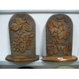 A Pair of Late XIX Century Pokerwork Carved Wall Brackets, featuring flowers, 28cm high.