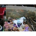 A Collection of Plastic Girl Dolls, and a plastic model cowboy horse and carriage, in perspex case.