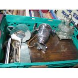 A Part Fitted Oak Canteen of Electroplated Cutlery, loose cutlery, four section cruet set, bud vase,