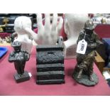 Cast Metal Portly Gentleman Door Stop and Model Shop Till, bronzed seated desk ornament. (3)