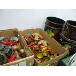 Russian Lacquered Ware, bottles, clock, box with turtle lids:- Two Boxes; plus five paper bins.