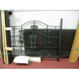 Double Bed, with leather head and foot board; another in green painted metal.