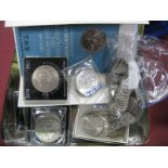 Plastic Cased Coin Sets, crowns, sixpence's, other coinage, enamelled badges, tin.