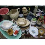 An Onyx Table Lighter, Lovatts vase, Sadler jug, character jugs, and other ceramics:- One Tray