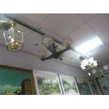 Two Three Branch Ceiling Lights, one four branch and two single drop ceiling lights with shades. (