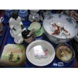 A Baby Plate, Devon fruit bowl, damaged figures, Noritake dish, etc:- One Tray