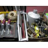 Tools - floats, slate remover tile cutter, bit and braces, trowels, locks and keys, tin container,