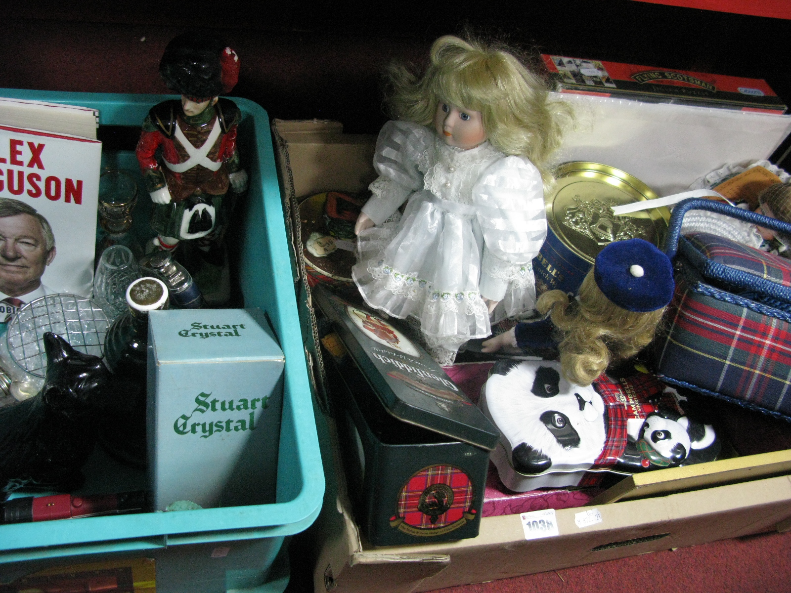 Pottery Dolls, whisky bells, model trains, Flying Scotsman puzzle, prints, Scottish related items,