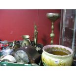 Brass Fireside Companion, Victorian brass door stop, candlesticks, jug, table lamp, etc oak cased