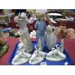 Two Nao Figurines, and three geese groups, Laphir Spanish figurine:- One Tray