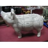 Pottery Model of Pig, outlining butchers cuts and joints, 32cm wide.