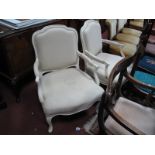 A Pair of Painted French Style Armchairs, with upholstered back and seats, on cabriole legs.