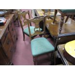 Early XX Century Set of Five Oak Chairs, with pierced splats, upholstered seats, on turned forefront