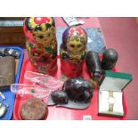 Russian Dolls, Odin wristwatch, bust of Lenin, hardwood hippopotamus, etc:- One Tray