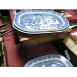 XIX Century Blue and White Willow Pattern Meat Plates; together with an oak milking stool with